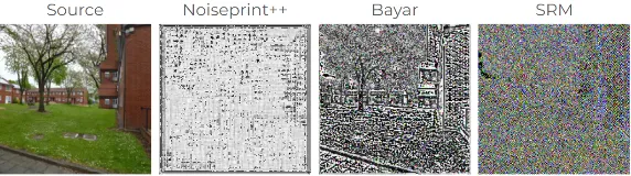 Comparison of three forensic filters: SRM, Bayar and Stamm, and Noiseprint++