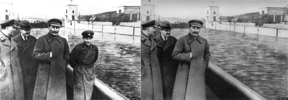 A before-and-after comparison of Stalin and Nikolai Yezhov on the Moscow-Volga Canal, with Yezhov removed from the edited image